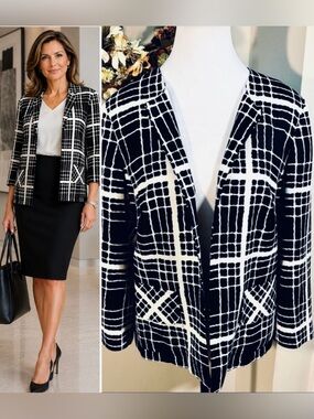 Pendleton Black White Abstract Grid Print Silk Open Front Jacket Pockets~10 💛